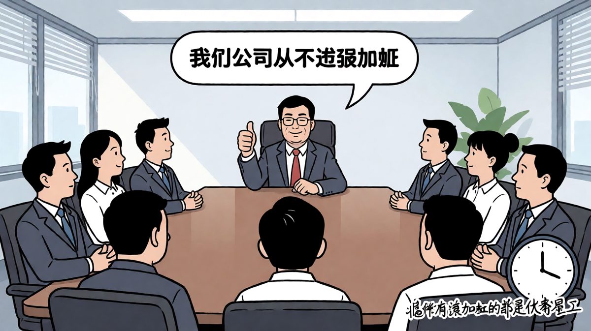 老板：我们不加班（配文：昨晚自愿加班的都是优秀员工）
