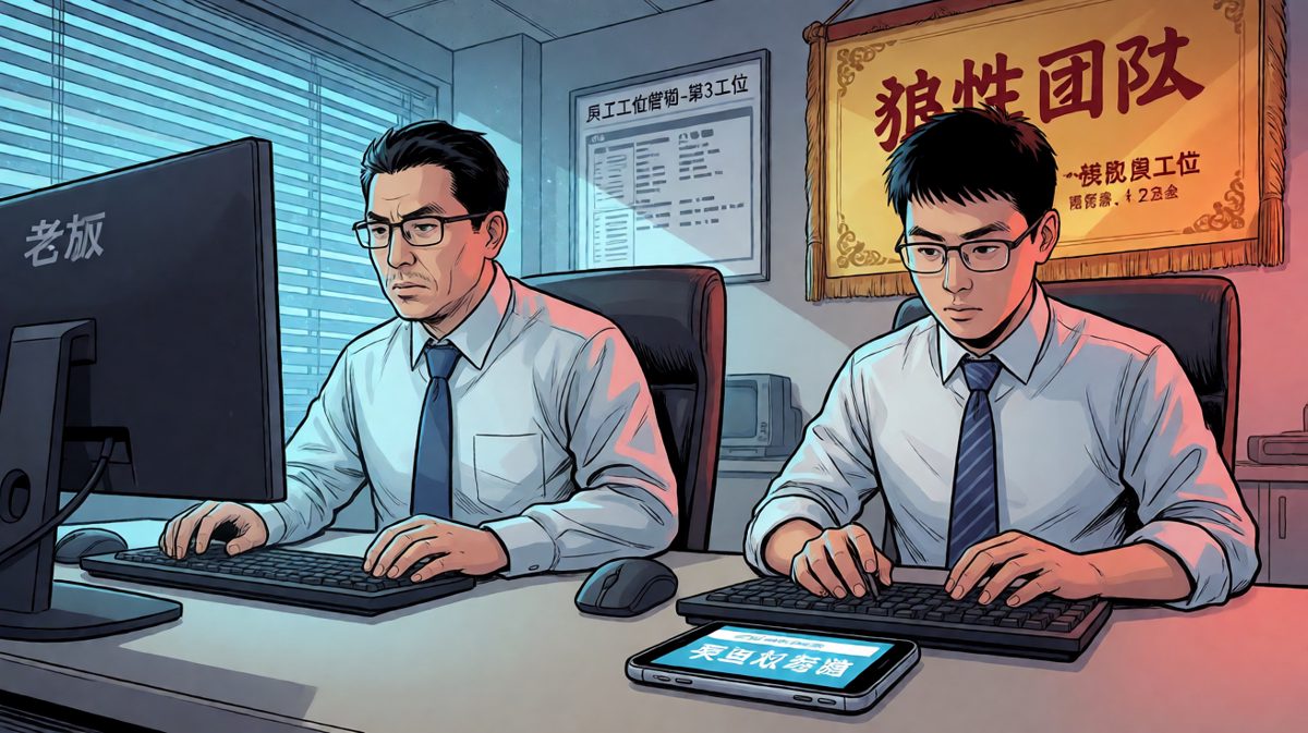 老板：'你在看什么？'员工：'老板，我在研究竞争对手。'老板：'说说看。'员工：'他们公司从不加班，幸福感很高，建议学习。'老板：'……出去！'