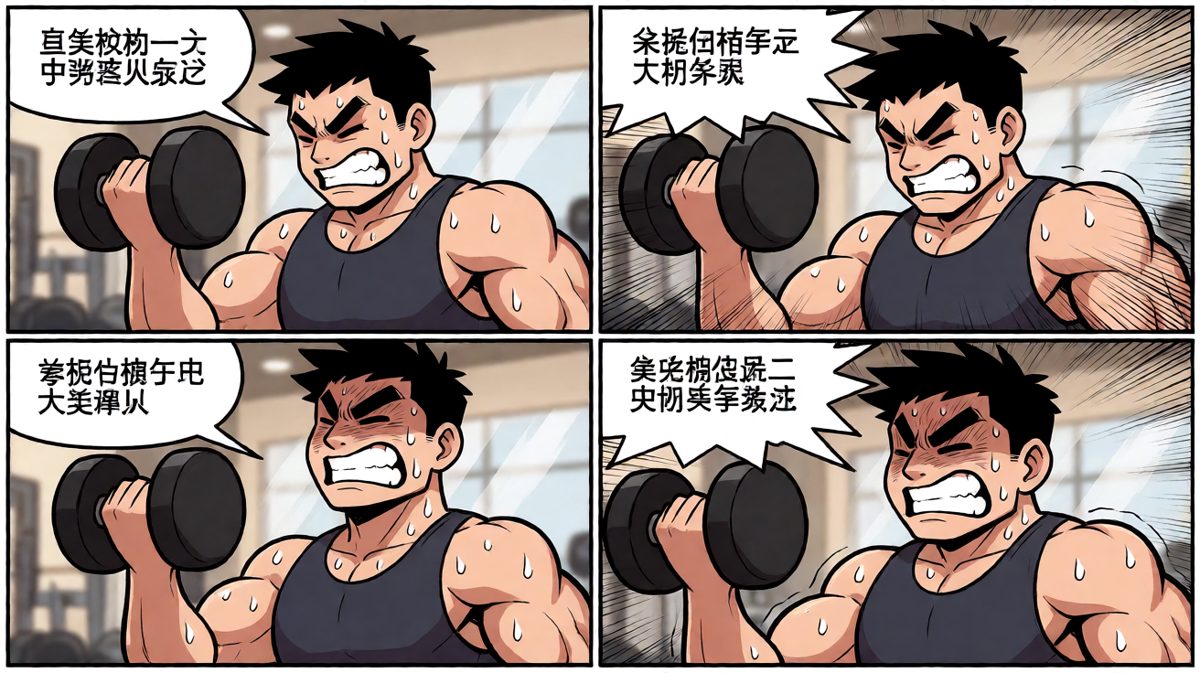 主角在健身房挥汗如雨，决心满满地疯狂锻炼。
