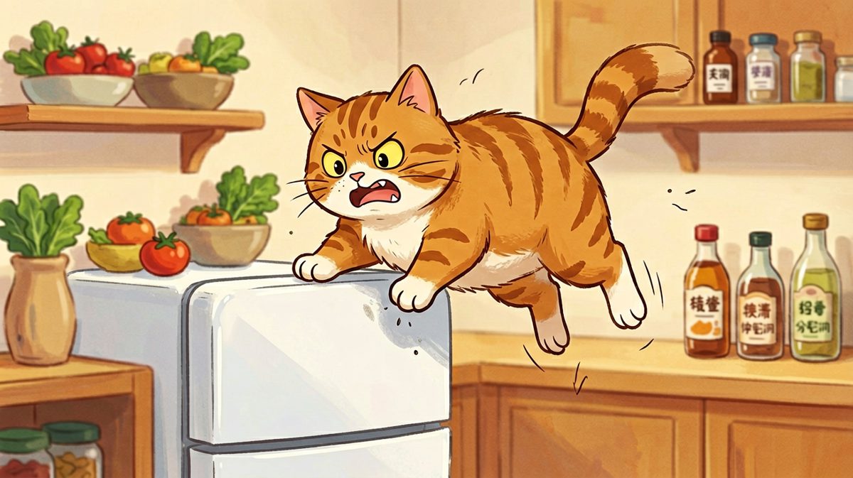 猫：我就不信这个邪！冰箱顶一定在上面……