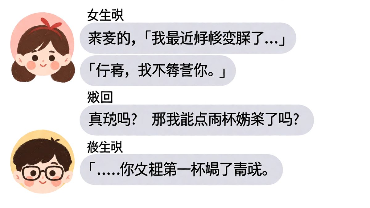 女生用体重话题试探，结果反向套路要奶茶。