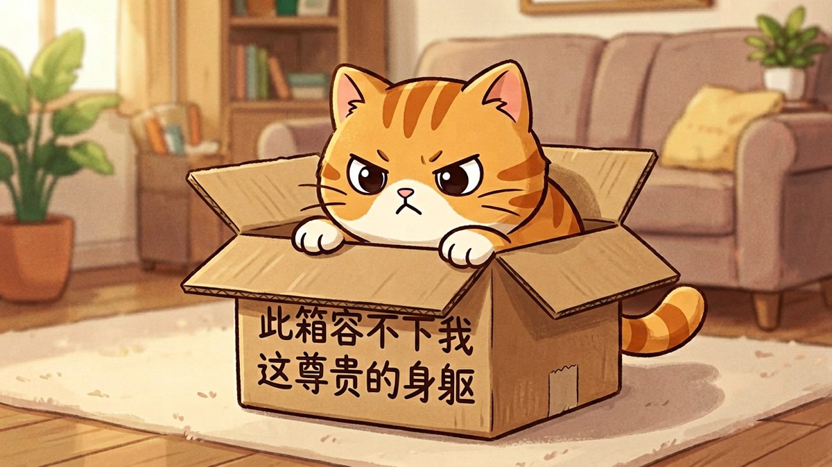 猫咪试图钻进过小纸箱，配文：这个箱子说它承受了这个体型不该承受的压力
