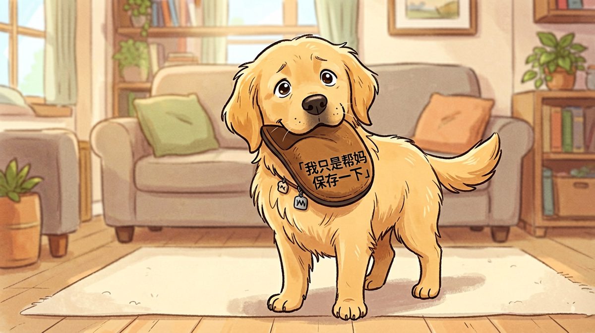 狗狗叼着拖鞋装无辜，配文：妈妈说不是我的时候这个表情我能记十年