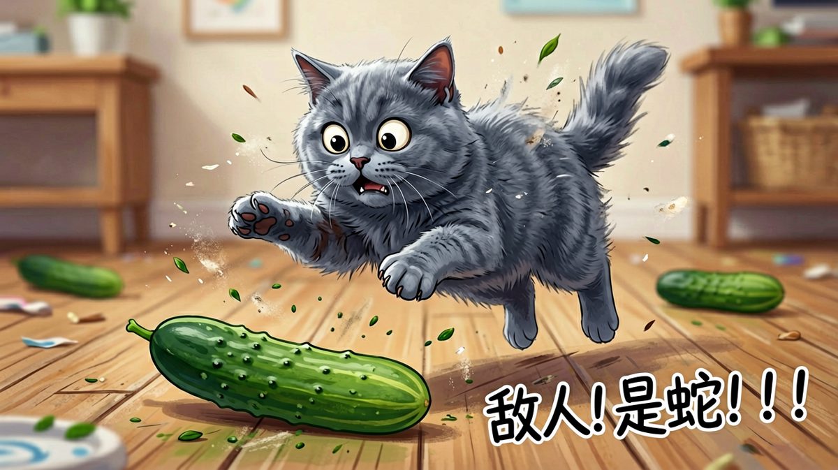 猫咪被黄瓜吓到起飞，配文：它以为身后有蛇结果只是一个蔬菜
