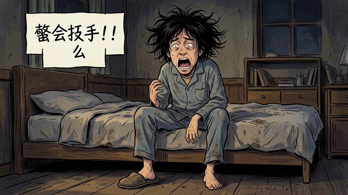 第三格：终于坐起来了！但显然还没完全开机。