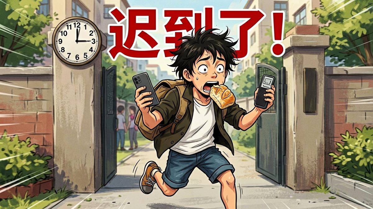 第四格：起床花了30分钟，洗漱花了5分钟，然后……迟到了！