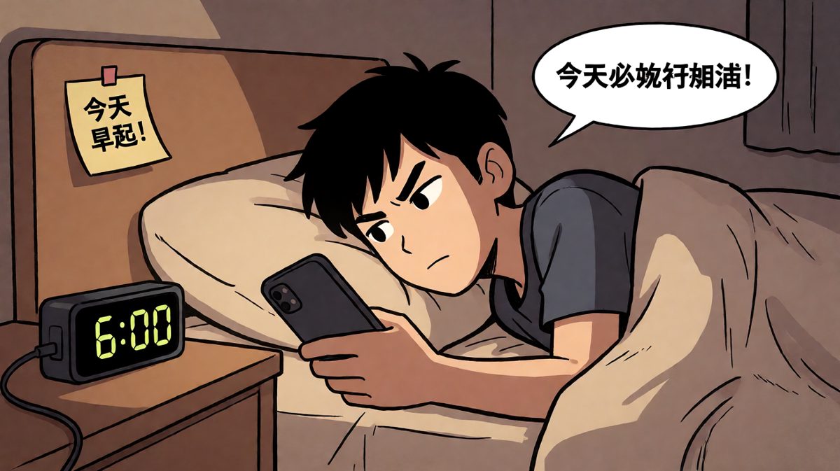 第一格：主角深夜决心满满，设好闹钟准备迎接全新一天