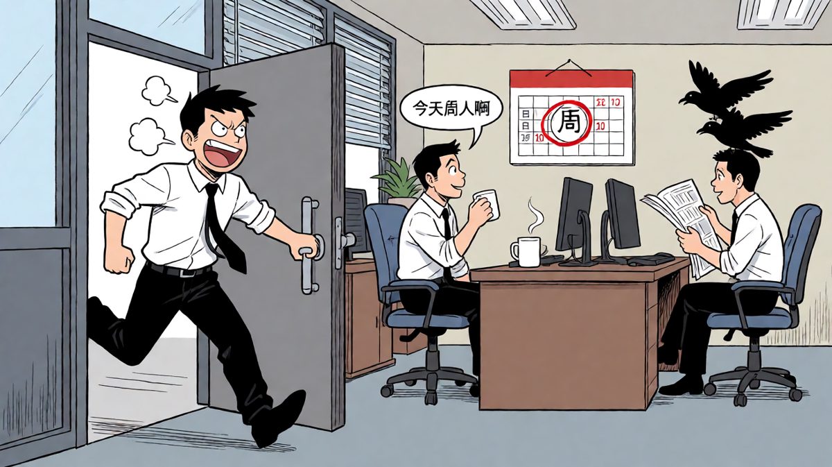 第四格：冲进公司后被告知今天是周末，主角石化