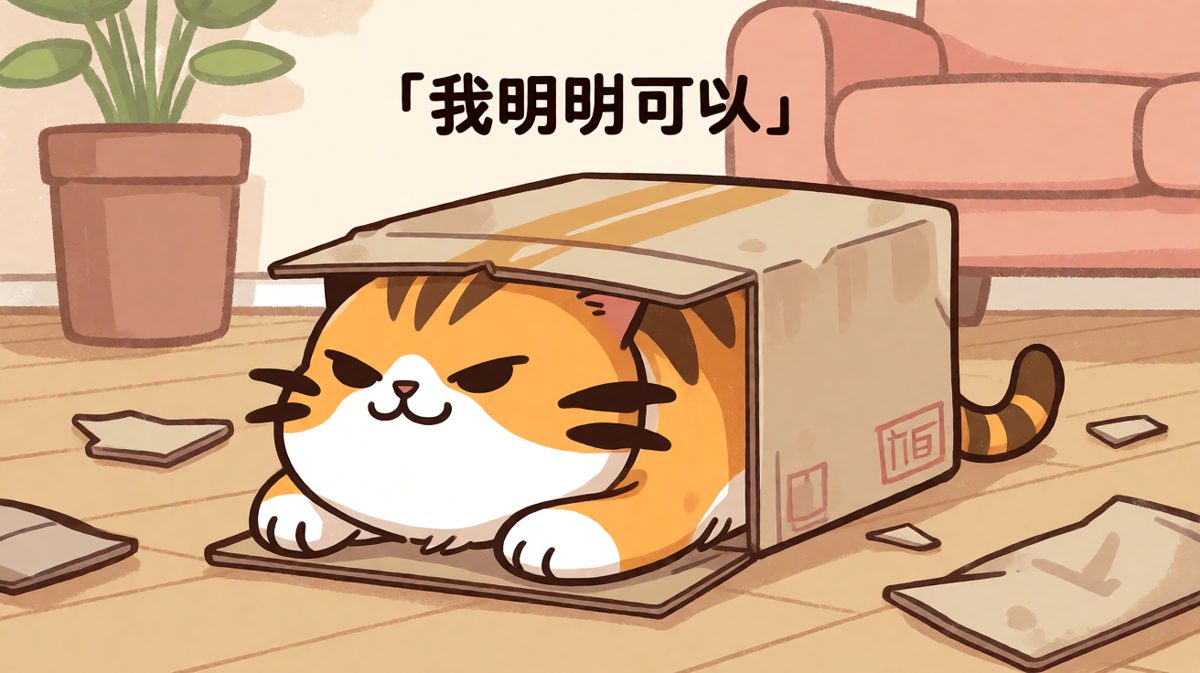 猫：这箱子买小了，下次换个大号的。