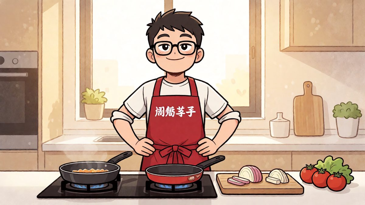第一格：男生自信满满准备大展厨艺