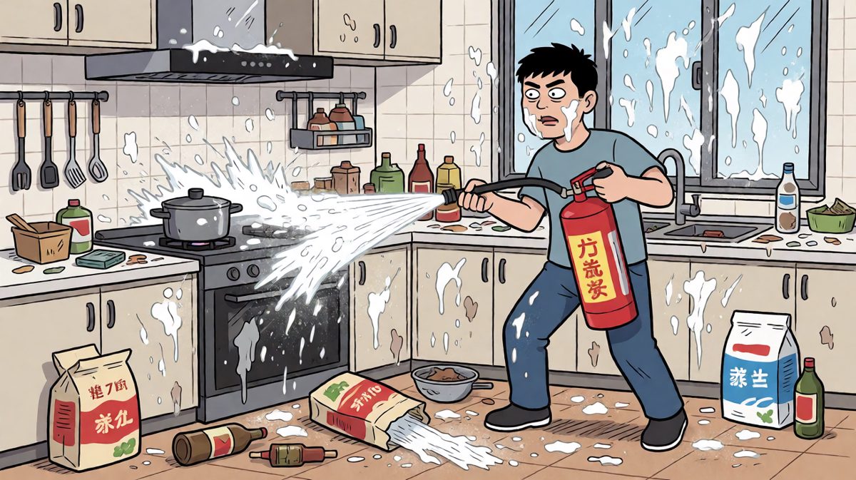 第三格：灭火反而让厨房变成了灾难现场