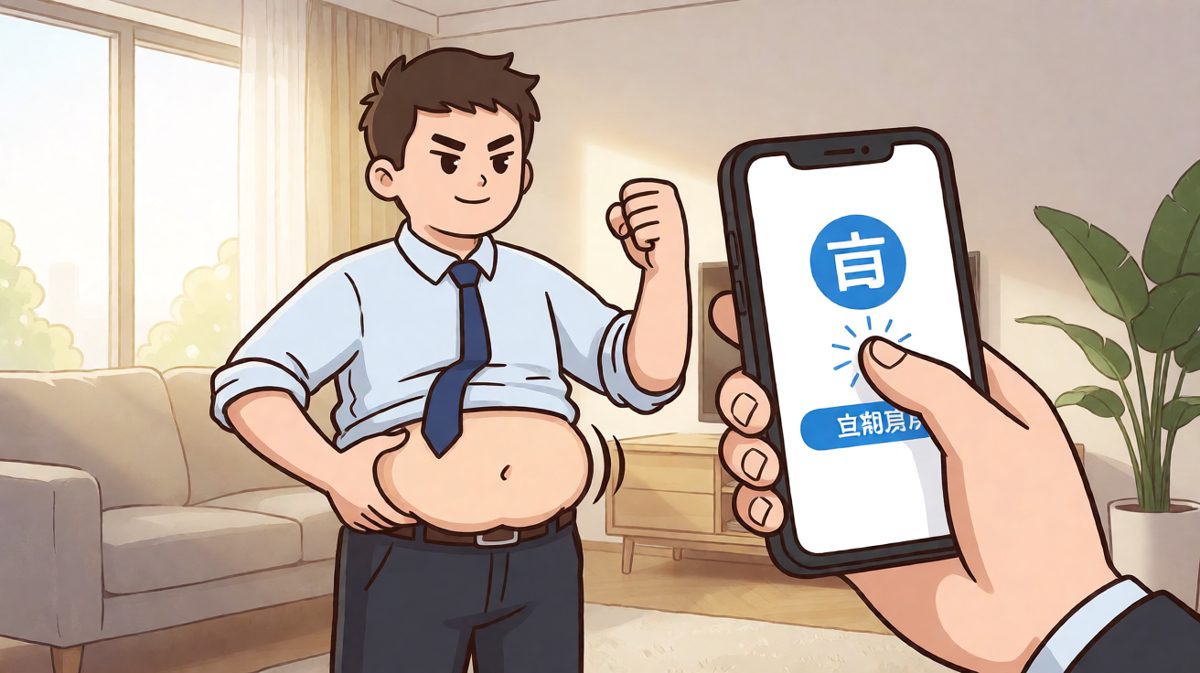 主角看着肚子上的肉，下定决心购买减肥神器。