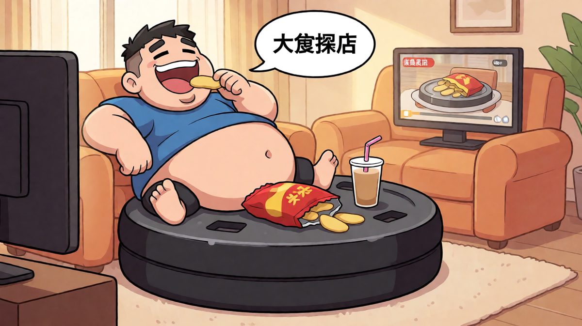 放弃减肥后，主角用神器当桌垫，快乐地吃起了零食。