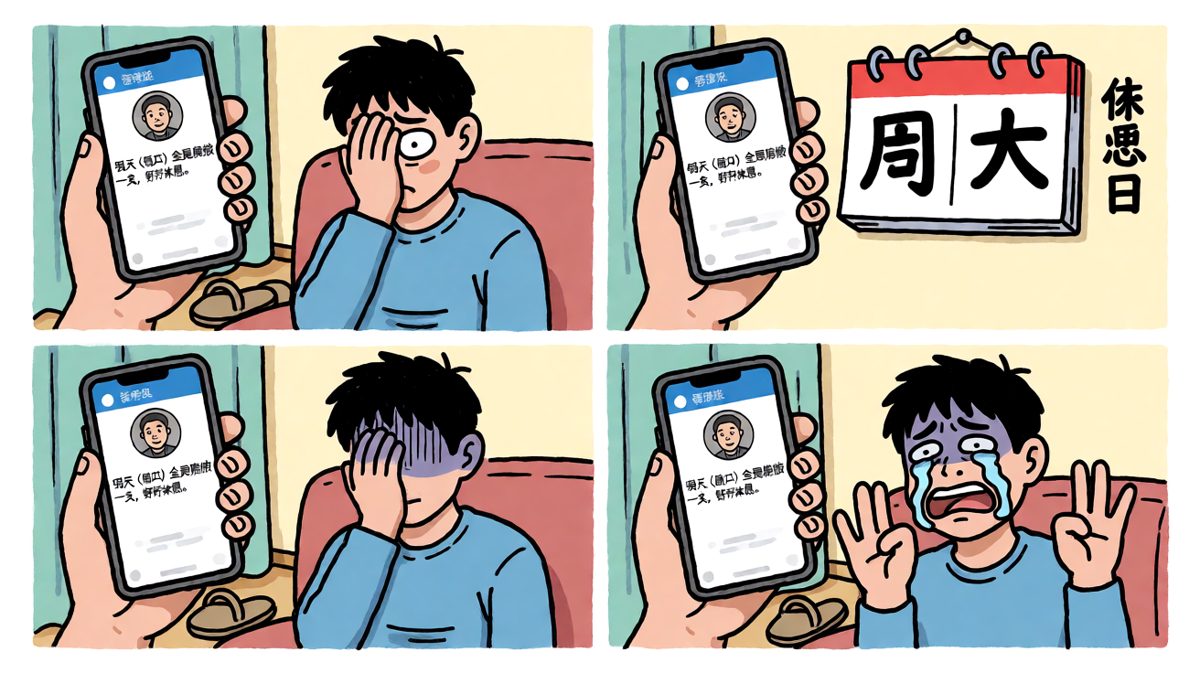 老板：对了，今天是周六，放假通知忘发了。