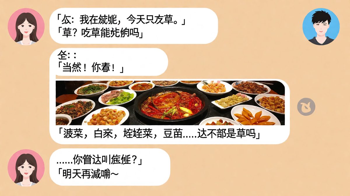 女生把火锅蔬菜统称为"草"，成功糊弄了男朋友的减肥定义