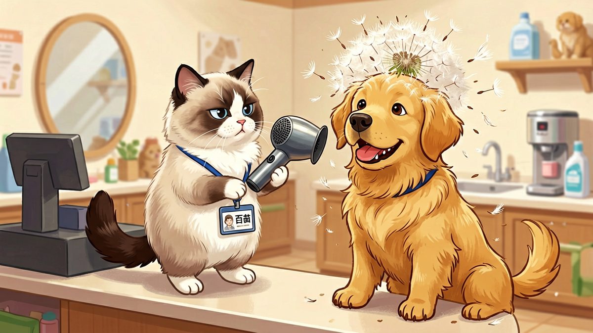 猫咪当理发师，金毛直接变蒲公英