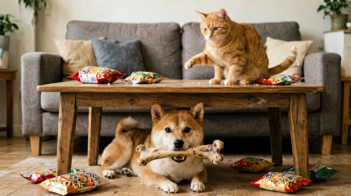 柴犬偷吃被抓，橘猫一脸'我看见了'