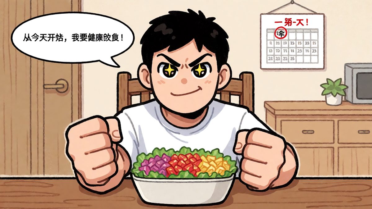 主角信心满满立下健康饮食Flag
