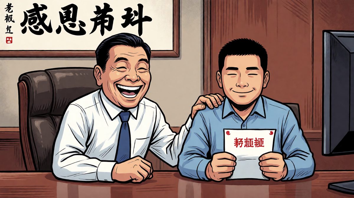 老板：好好干，明年给你升职加薪。小明：好的老板，明年此时见。