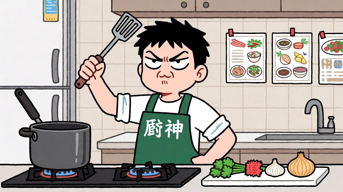格子一：自信开播，围裙写'厨神'，锅铲当宝剑，准备大干一场。