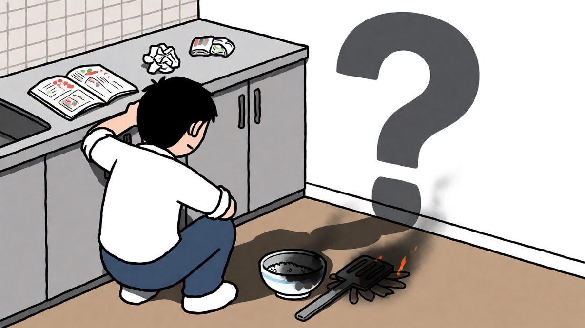 格子三：蹲墙角落悔，灵魂拷问'我是谁我在哪我为什么要做饭'。