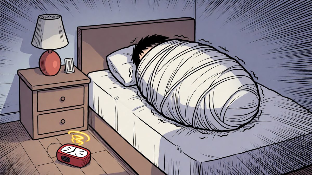 第二格：闹钟惨遭抛弃，小明以'蚕蛹形态'继续抵抗起床