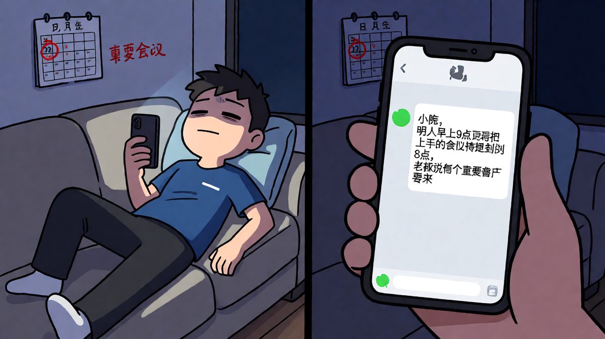 第四格：在家放松刷手机，收到老板凌晨发的会议提前通知，心态彻底崩了