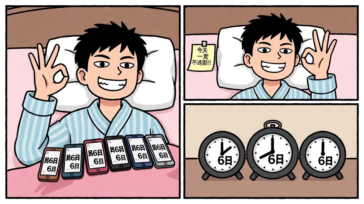 信心满满设定六个闹钟，准备早起