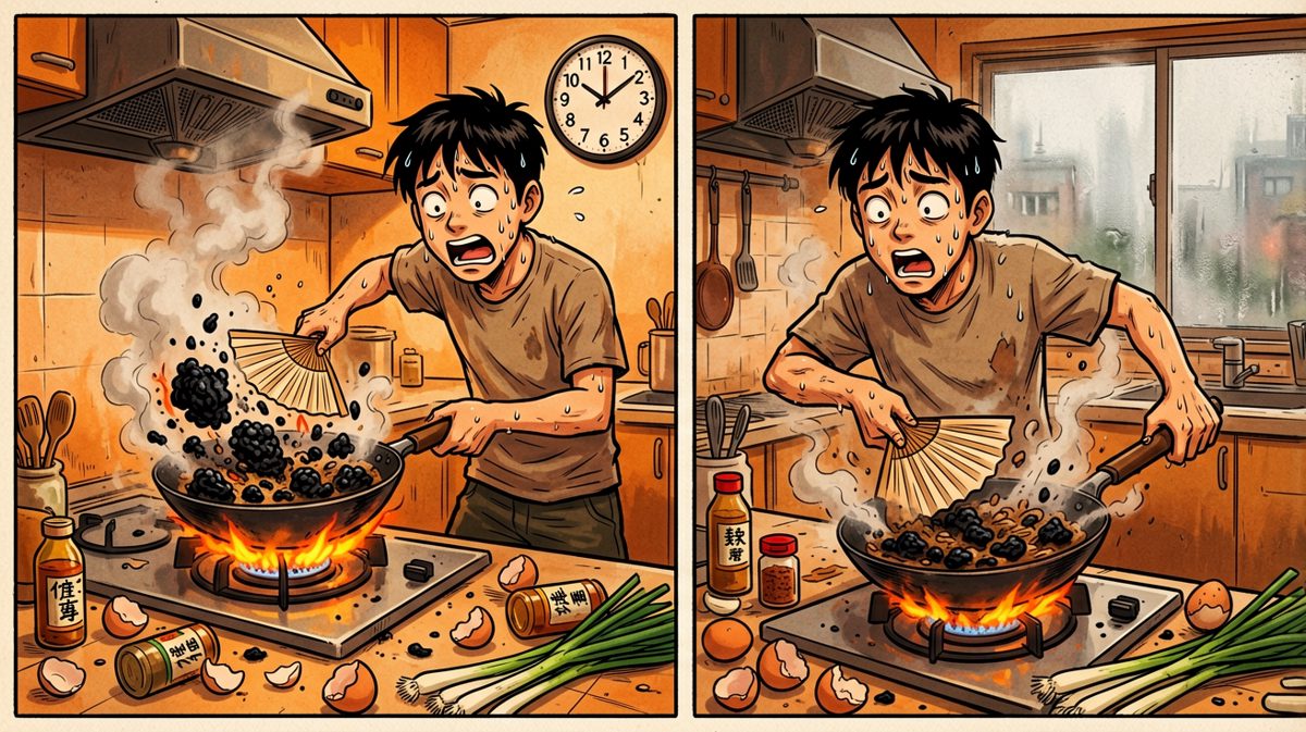 第三格：手忙脚乱炒成一锅黑炭，厨房已成战场，两小时过去了。