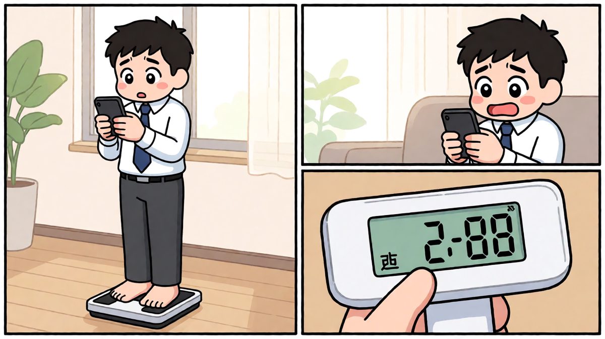 主角站在体重秤上，紧张地等待读数揭晓