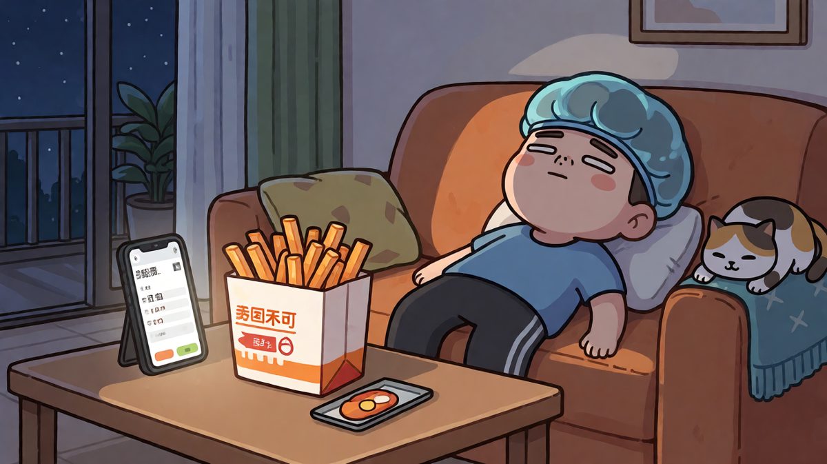 第4格：最终小明默默打开了外卖软件