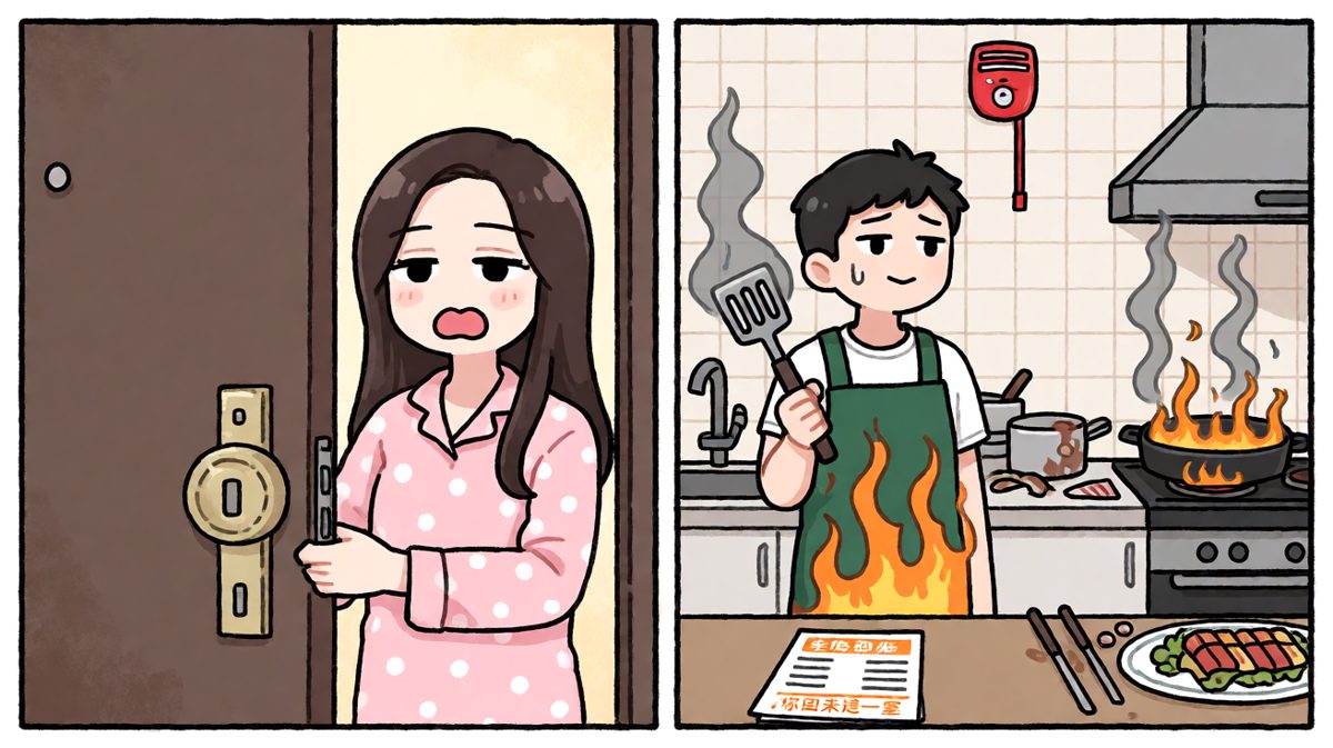 格4：女友登场，男人最终选择点外卖， Smoke alarm in the background