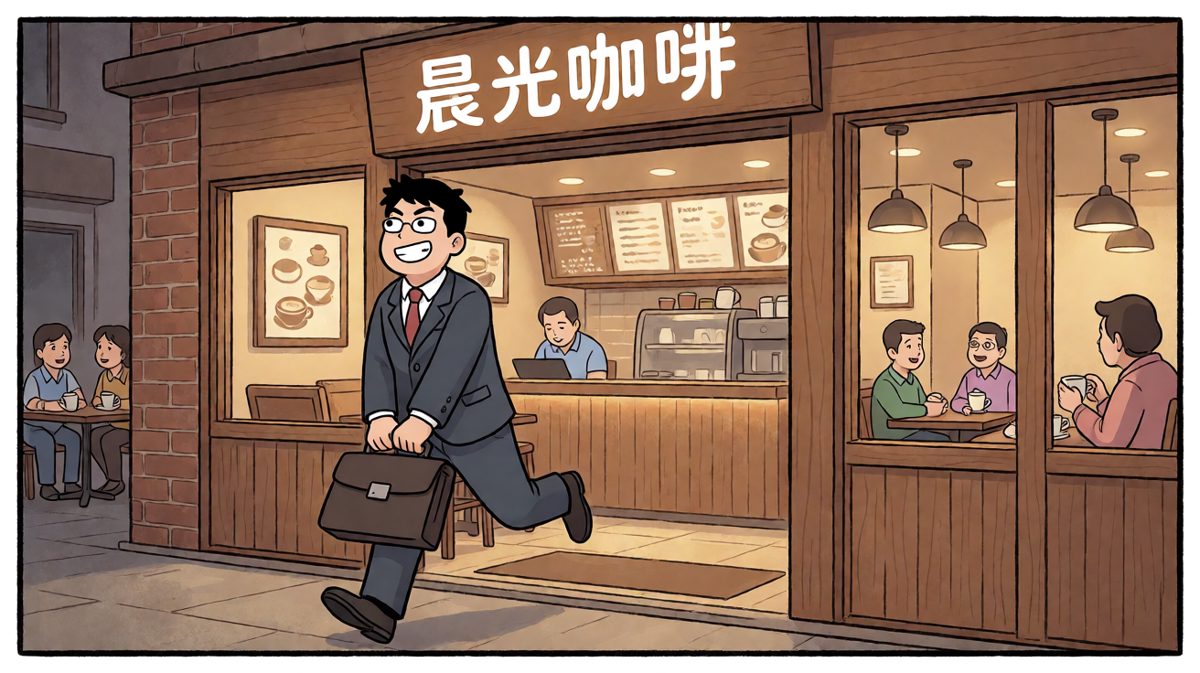 主角自信满满走进咖啡店，准备享受一杯完美的早晨咖啡。