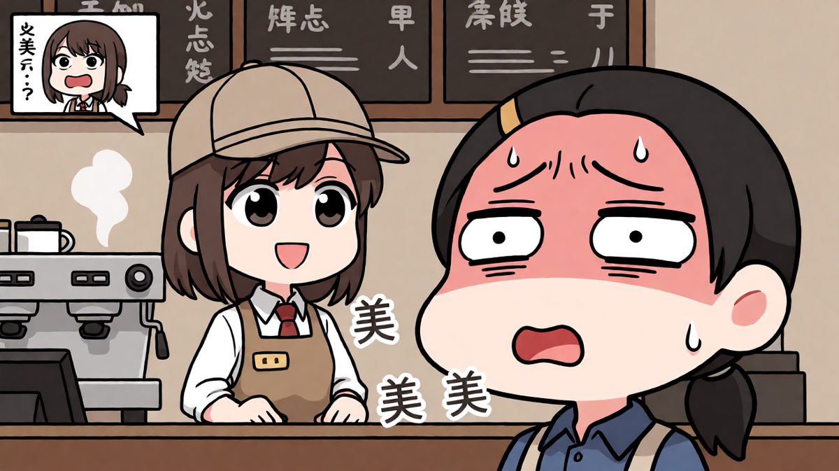 主角紧张到结巴，把'美式'喊成了奇怪的词。