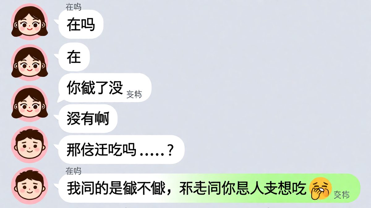 在吗 → 你饿了没 → 没有 → 那你还吃吗