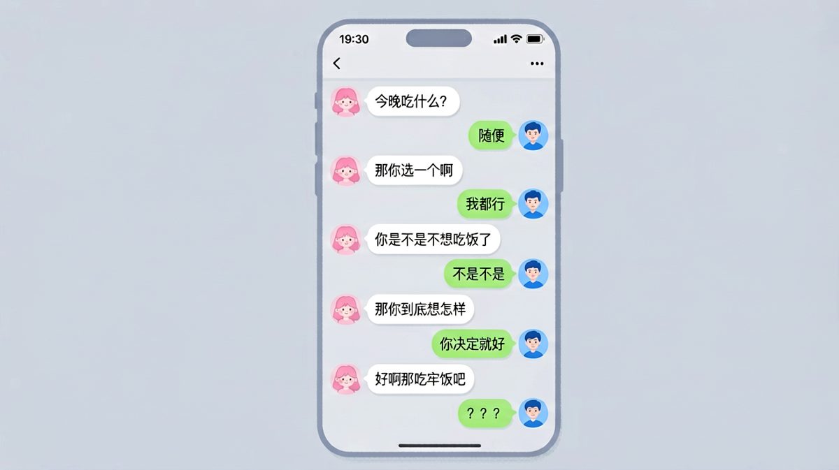 女生问吃啥男生说随便，最后女生一句'吃牢饭吧'让男生直接问号脸。