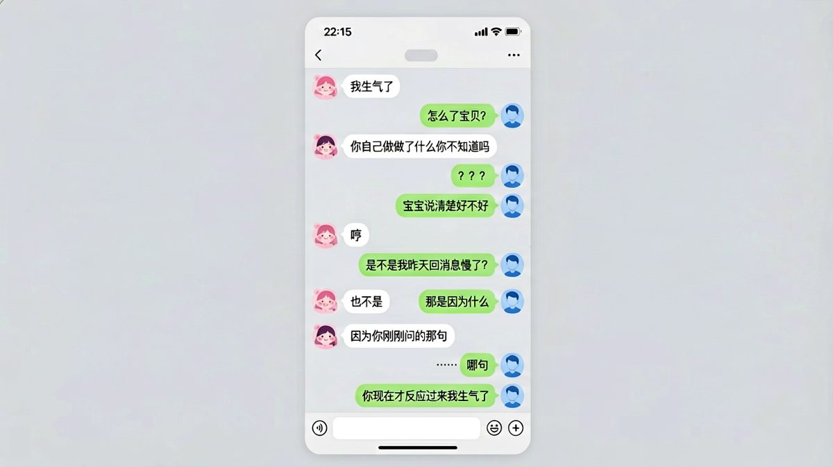 女生生气了男生各种哄，结果发现真正的原因是男生回消息的速度暴露了他根本没有第一时间察觉。