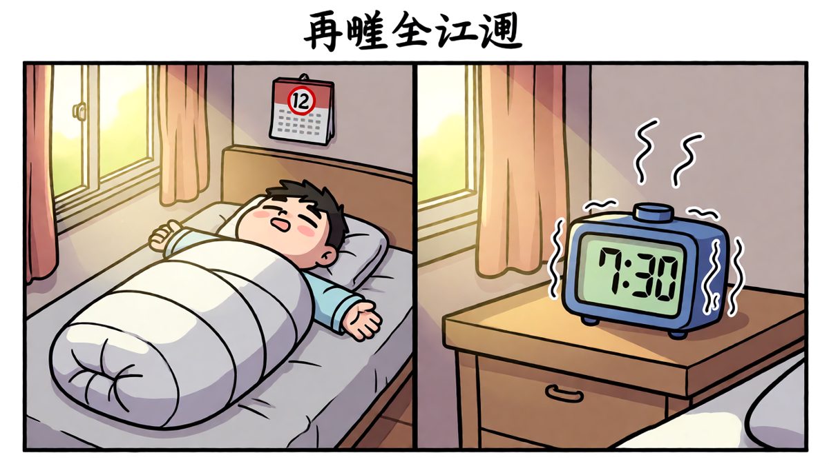 闹钟狂响，主角仍赖在被窝里