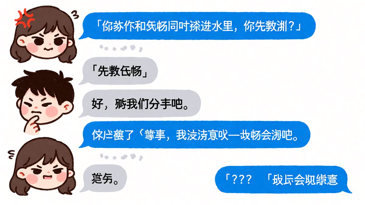 经典的送命题最终被男生的急智完美化解，最后一句让人拍案叫绝。