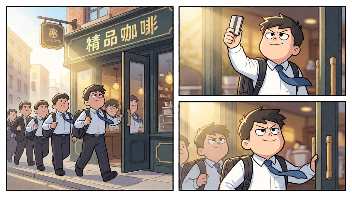 小刘信心满满冲进咖啡店，今天要元气满满！
