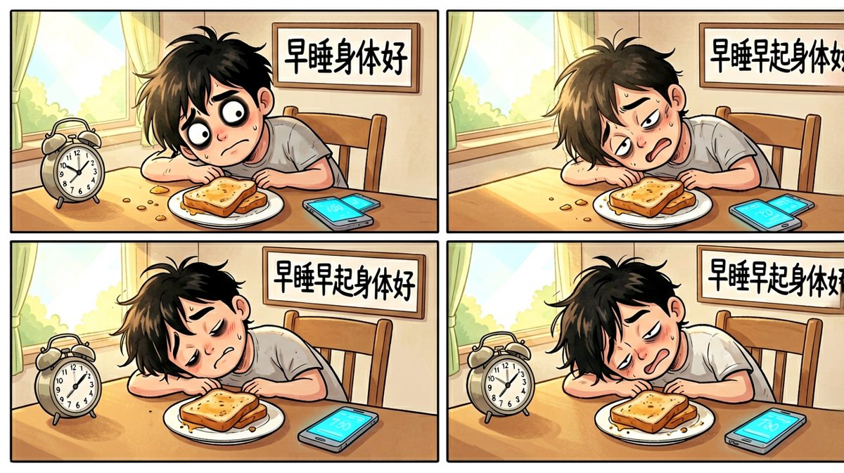 第二天早上，小明边打瞌睡边想：今晚……一定早睡！
