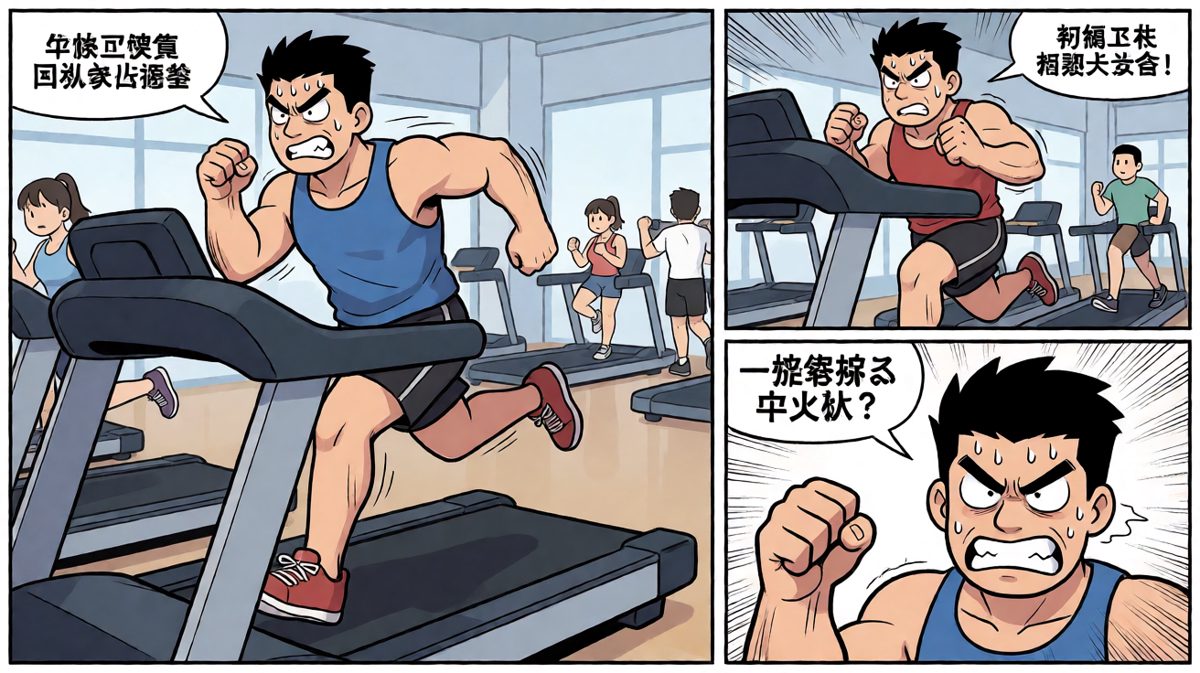 减肥第一天，主人公在健身房拼命运动