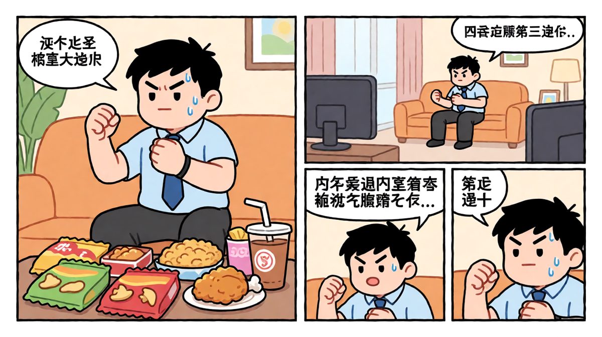 周一早晨，他看着满桌零食，下定决心：今天开始减肥！