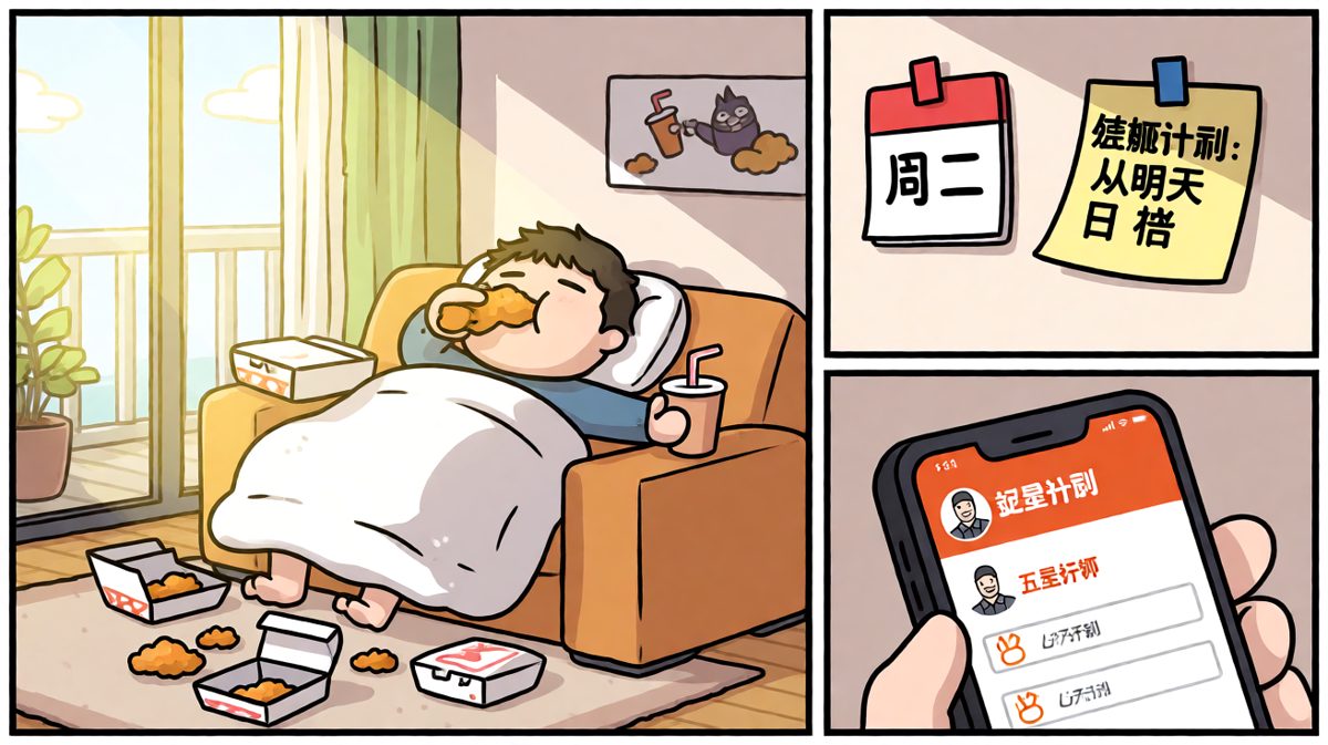 第二天醒来，他感慨：减肥嘛，从明天开始。