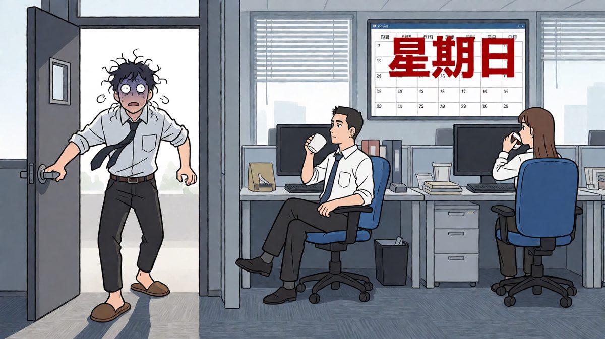 同事：'兄弟，今天周日……'