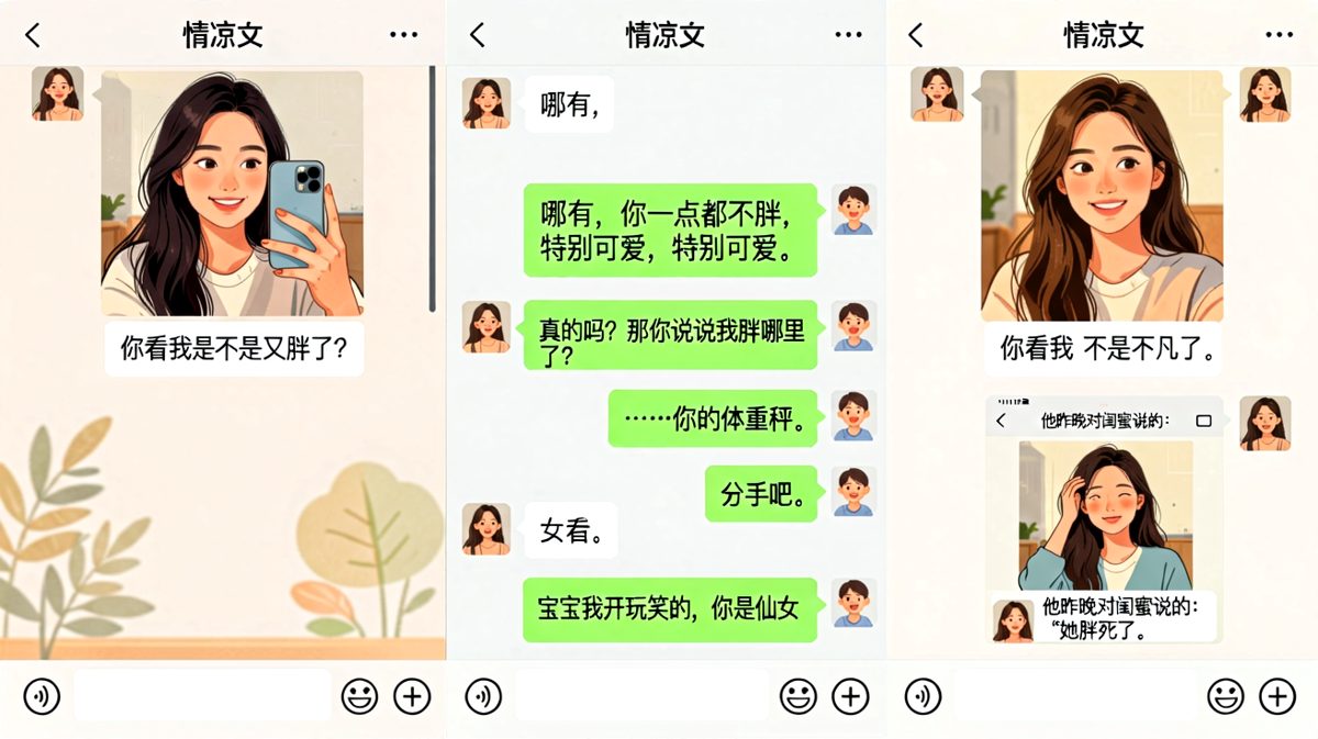 「我胖了吗」的反转——男生夸女生是仙女，却被发现昨晚对闺蜜说「她胖死了」