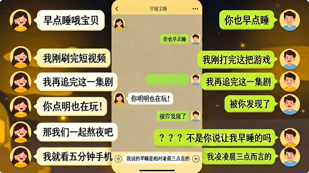 情侣熬夜协议：你说早睡，我陪你晚睡，谁先睡谁是狗。