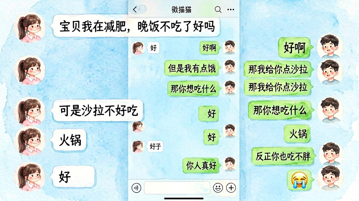 女生想减肥却忍不住点火锅，男生一句话把天聊死