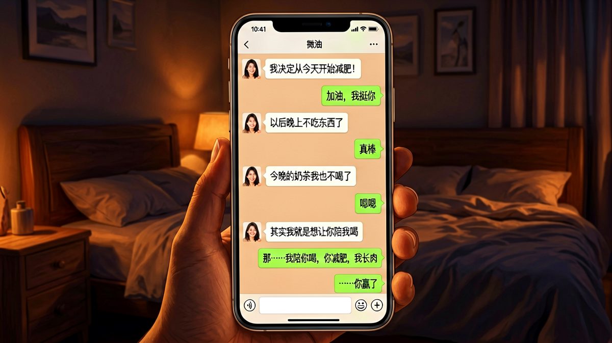 减肥宣言五秒破功，男方反向操作赢得胜利。