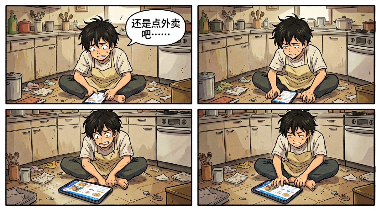 第4格：最终妥协，点了一份外卖并自我安慰